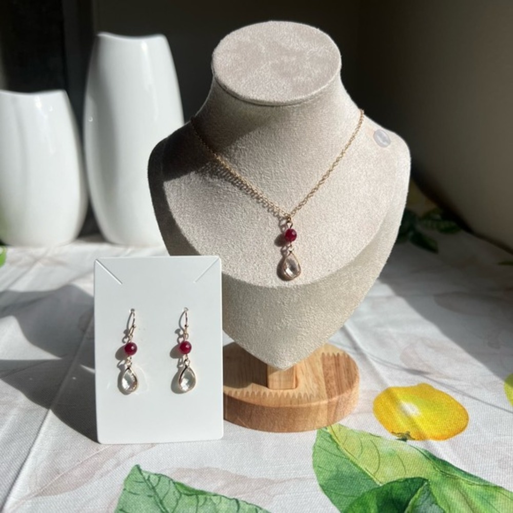 July Birthstone Set, Ruby Jewelry, Red Chalcedony, Quartz Teardrop, Boho, Casual